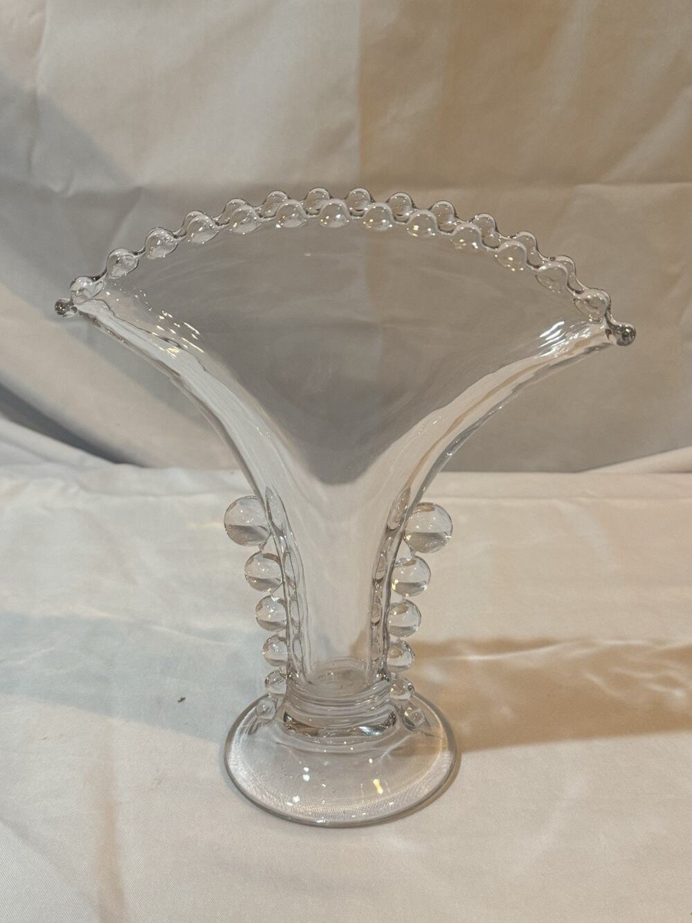 Imperial Glass Candlewick Clear Fan Vase 8.5” Beaded Rim Bubble Handles Vintage